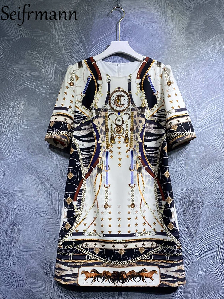 

Seifrmann High Quality Early Summer Women Fashion Runway Mini Dress Short Sleeve Gorgeous Crystal Beading Vintage Print Dresses