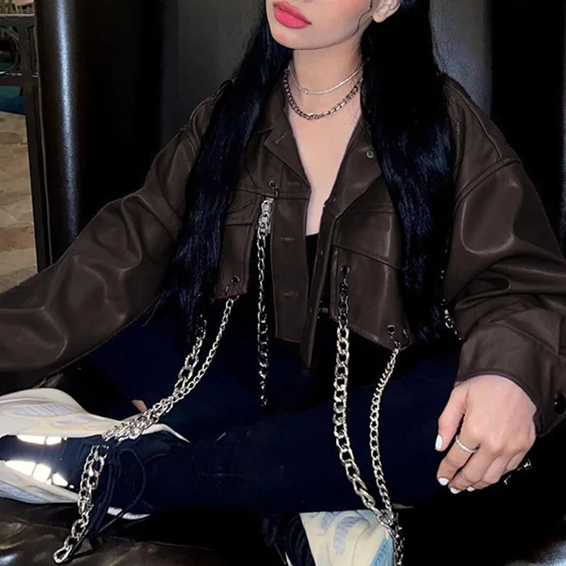 Street Style Fashion Chain Irregular PU Leather Coat Women Fashion Rock Punk Motorcycle Jacket Sexy Short PU Faux Leather Coats