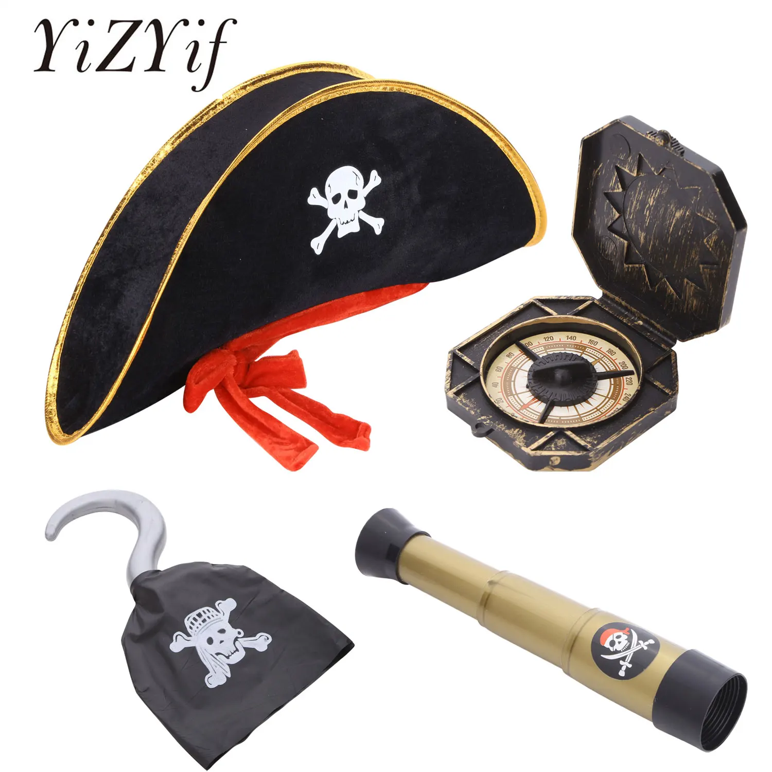 

Kids Pirate Hat Compass Telescope Captain Cloth Hook Party Blindfold Pirates Caribbeans Captain Halloween Party Cosplay Props