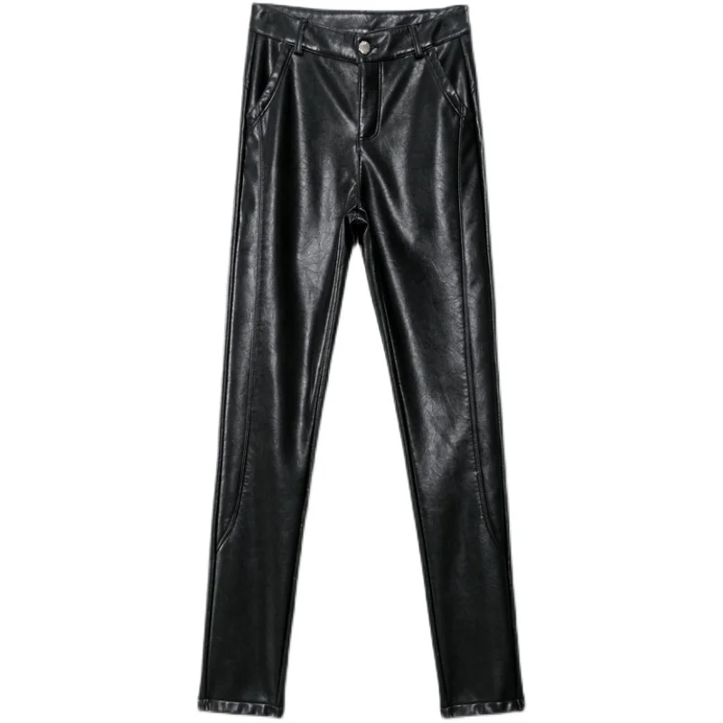 Women Black Real Leather Pant Female Elastic High Waist Jegging Pencil Pants Ladies Skinny Trousers Ladies Streetwear Pants G229