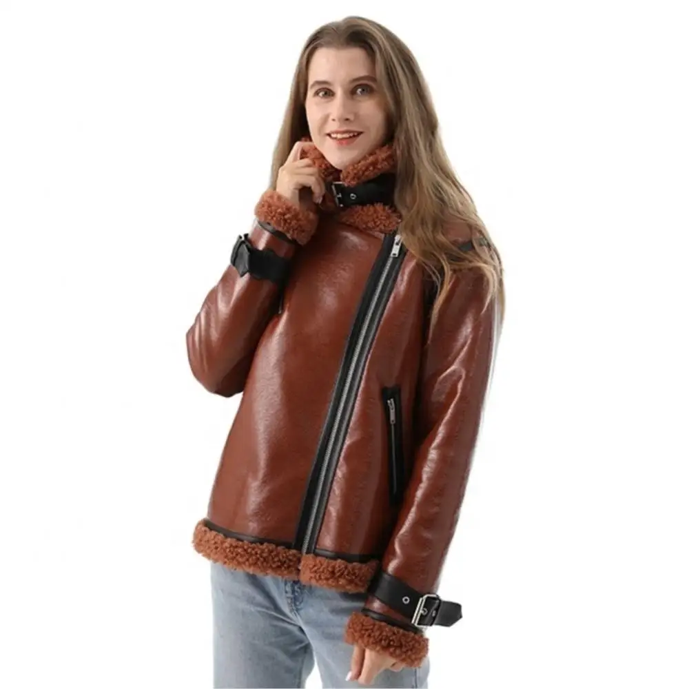 Women Winter Real Fur Zipper Locomotive Coat Pu Lamb Fleece Thermal Outwear Lapel Cuff Bondage Elegant Fashion Jacket