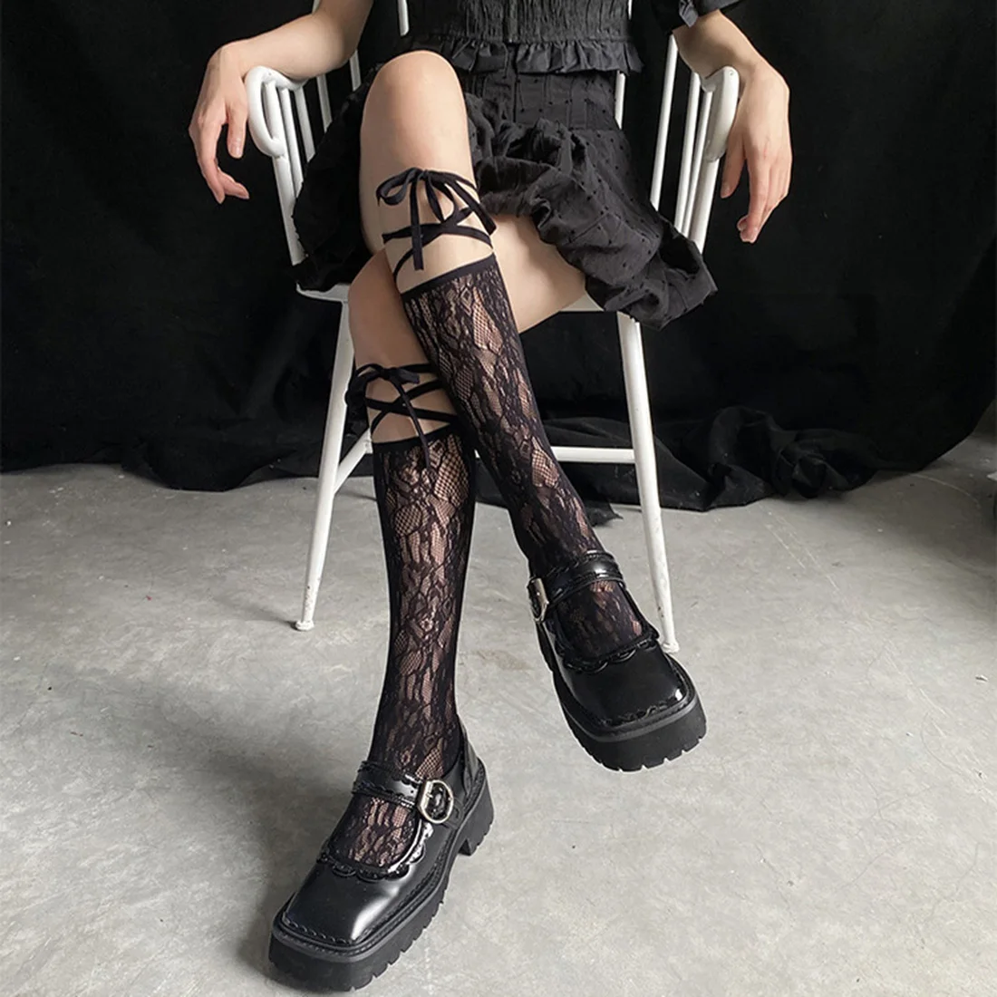

Black White 1 Pair Split Toe Straps Lace Calf Knee-length Stockings Female Trendy Cool Middle Tube Japanese Loli JK Girl Socks