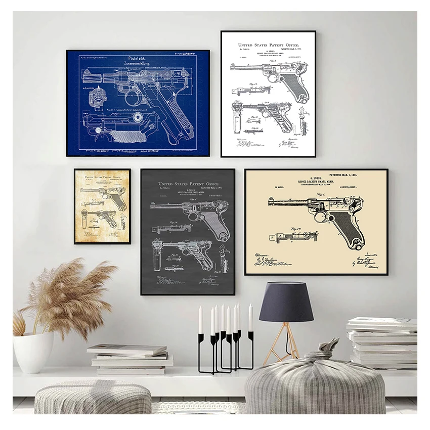 

Chart Canvas Painting Posters And Prints Wall Pictures For Living Room Decoration Home Decor Gun Blueprint Luger Pistol Patent