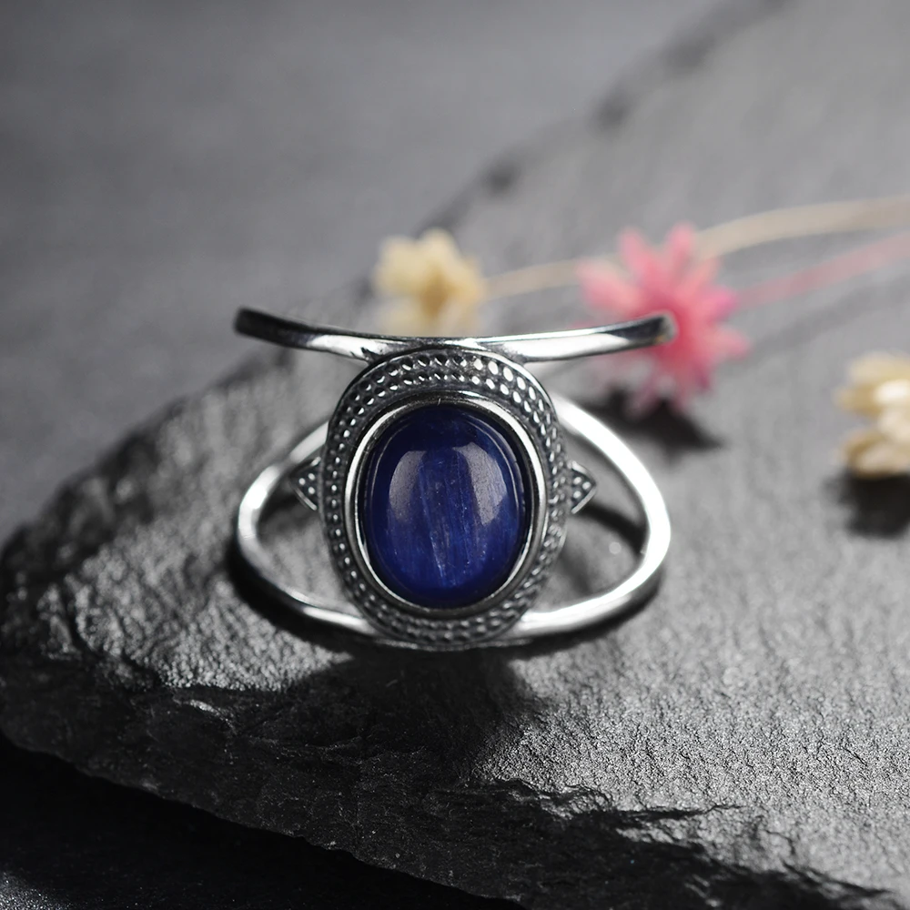 

Luxury NaturalDark Blue Shining Kyanite Rings For Men Women Solid Vintage Gemstone Jewelry Size 6-10