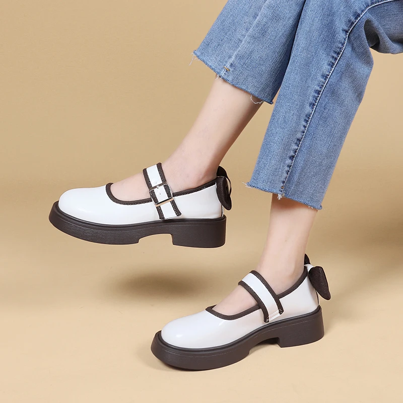 

Bowknot Mary Jane Shoes Women 2023 Spring New Style Thick Heel Shallow Mouth Small Fragrant Wind Round Head Buckle Women's Shoes