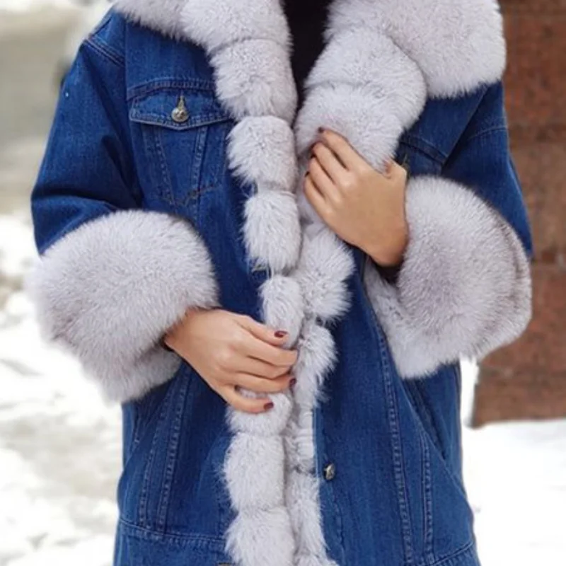 2021 Black Women Fur Denim Style Long Full Sleeve Coat Winter Solid Button Ladies Outerwear 5XL Faux Fur Streetwear