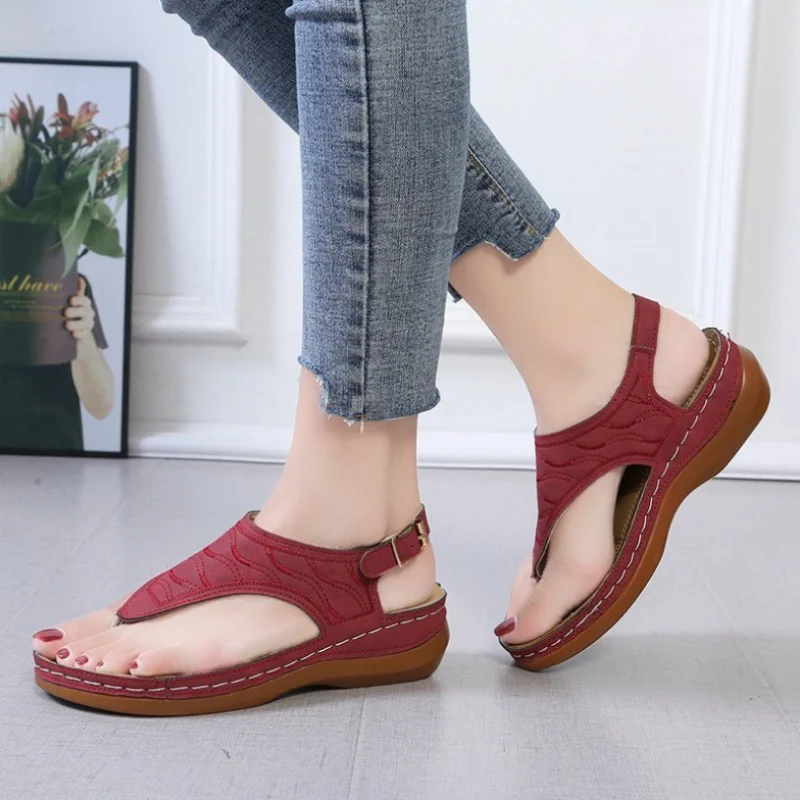 

Ladies Sandals Women Flat Shoes Cowhide Round Shape Solid Color Back Strap Hasp Breathable Light Fashion
