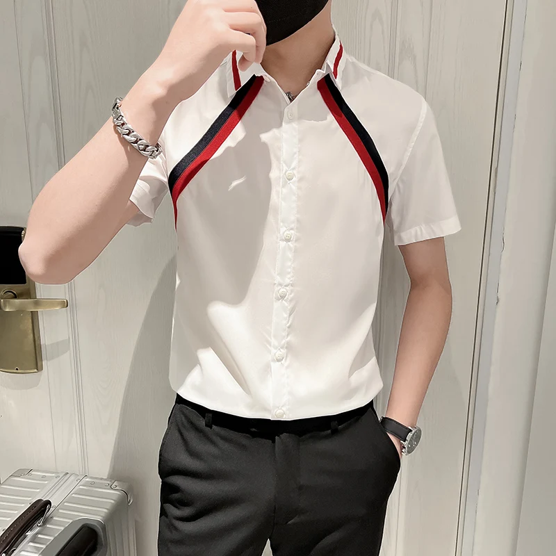 Summer Short Sleeve Shirts for Men Contrasting Colors Splicing Casual Slim Shirt Office Social Party Shirts Party Tuxedo Blouse