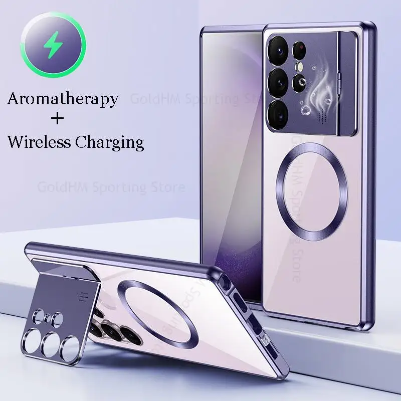 

For Magsafe Metal Flip Lens Kickstand Case For Samsung S23 Ultra Wireless Charging Magsafing Cover For Galaxy S22 S23 S21 Ultra