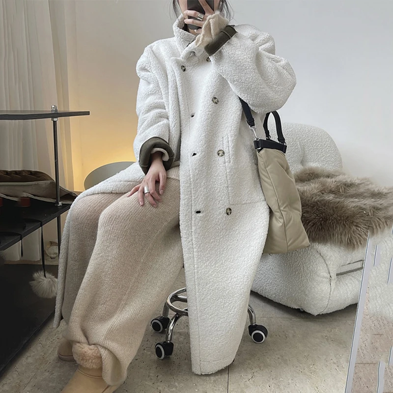 

Новинка Зима 2023 пальто из овечьей шерсти Женская Двусторонняя одежда свободная теплая длинная верхняя одежда женская модная одежда 2W2056