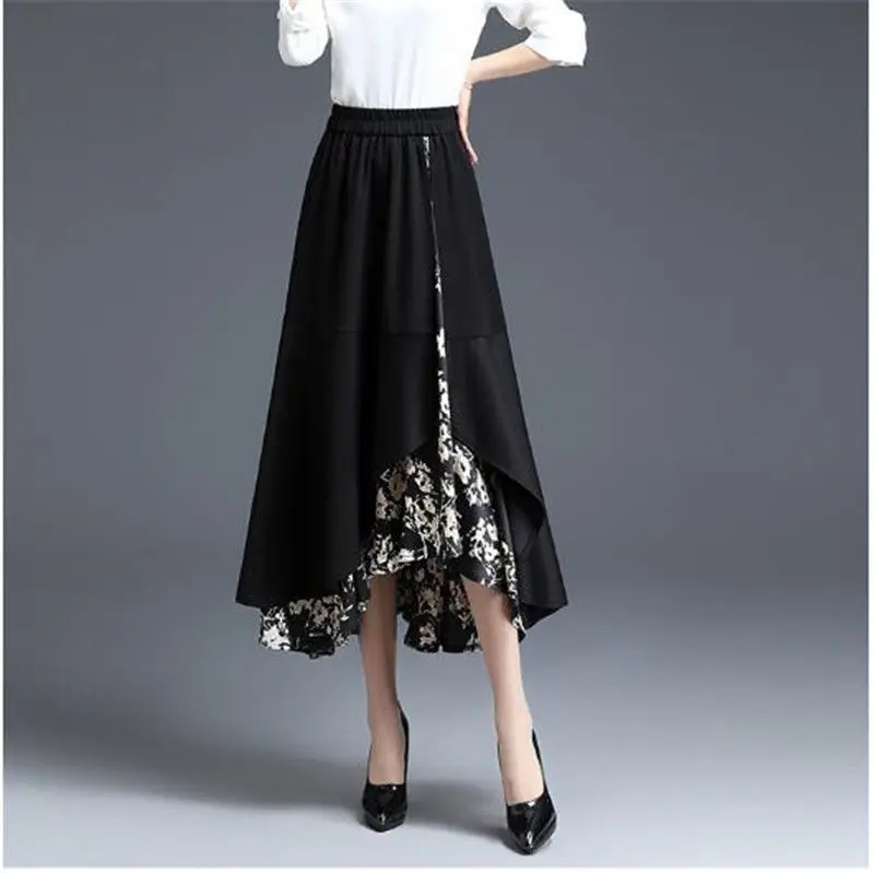 

A-line Black Skirt Women Spring Autumn 2023 New High Waisted Elastic Irregular Long Skirt Contrasting Color Drape Skirt AC807