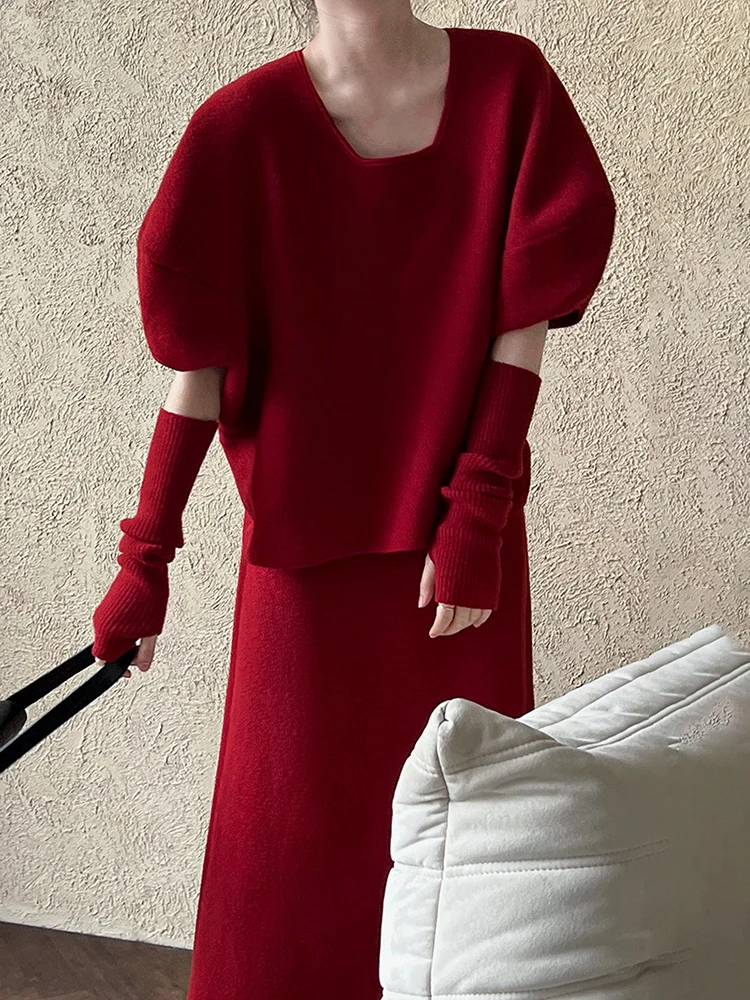 [LANMREM] Вязаный комплект из 2 предметов женский пуловер с круглым вырезом и