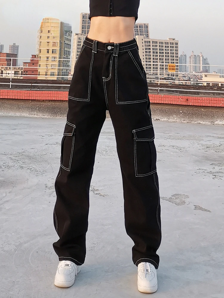 Pockets Patchwork Baggy Jeans Fashion Streetwear 100% Cotton Women Denim Trouser Loose Cargo Pants Korean Jeans Harajuku
