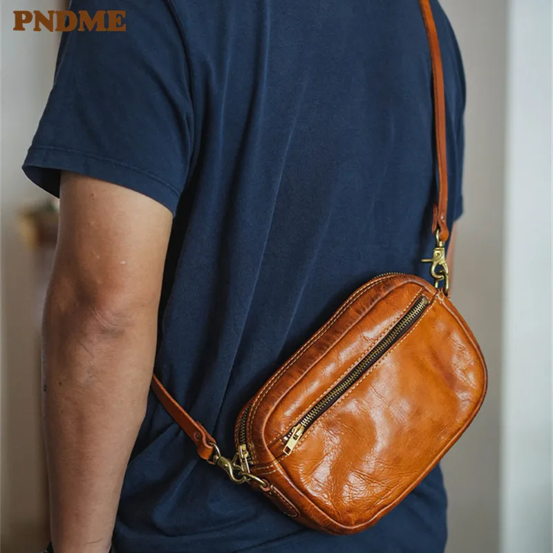 PNDME fashion casual luxury genuine leather men's small crossbody bag outdoor weekend high quality real cowhide shoulder bag