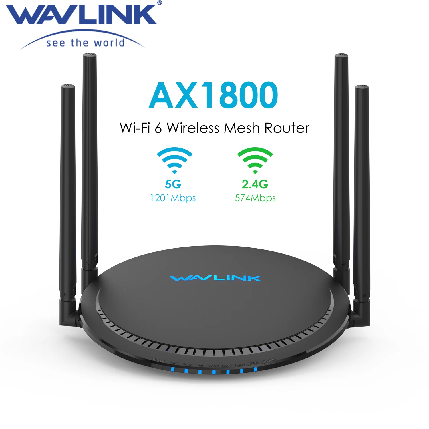 Wavlink-enrutador inalámbrico de Internet AX1800, WiFi, 6 mallas, Gigabit, banda Dual de 2,4 GHz, 574Mbps + 5GHz1201Mbps, hasta 1500 pies cuadrados de cobertura