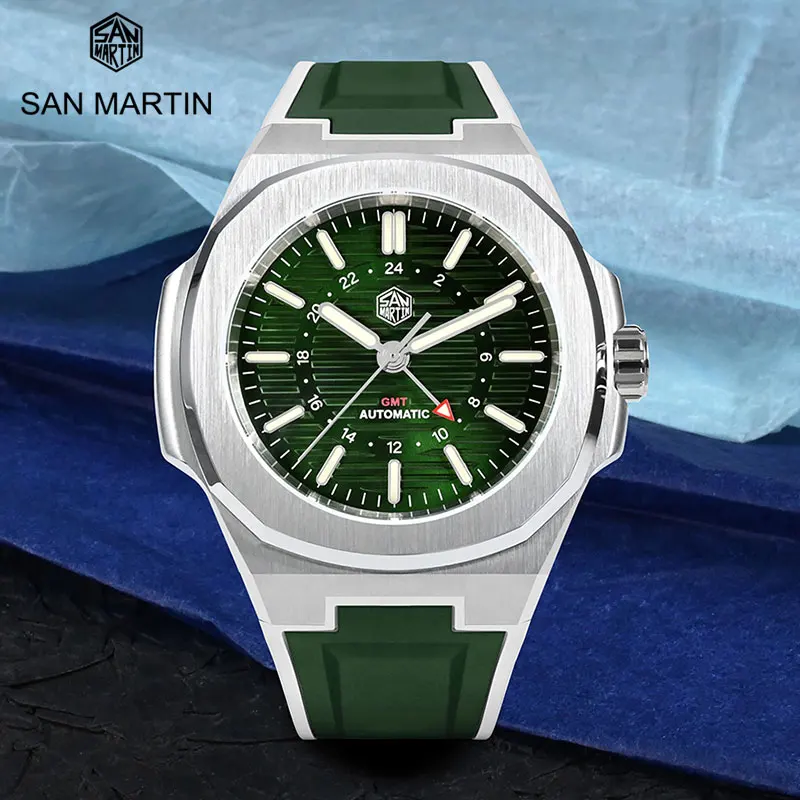 

Классические деловые мужские часы San Martin GMT, спортивные часы для дайвинга 10 бар, автоматические механические часы с сапфировым стеклом, роскошные светящиеся бриллианты