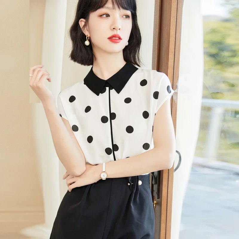 

Polka Dot Printing Shirt Chiffon Women's Blouse Summer Loose Sleeveless Casual Fashion Top Female Korean Style Clothing