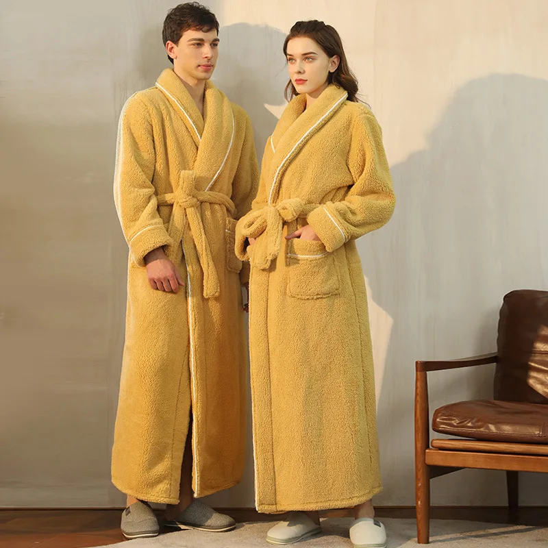 Autumn Winter Couple Bathrobe Fleece Turn Down Collar Warm Women's Dressing Gown Flannel Fluffy Long Bath Robe For Female