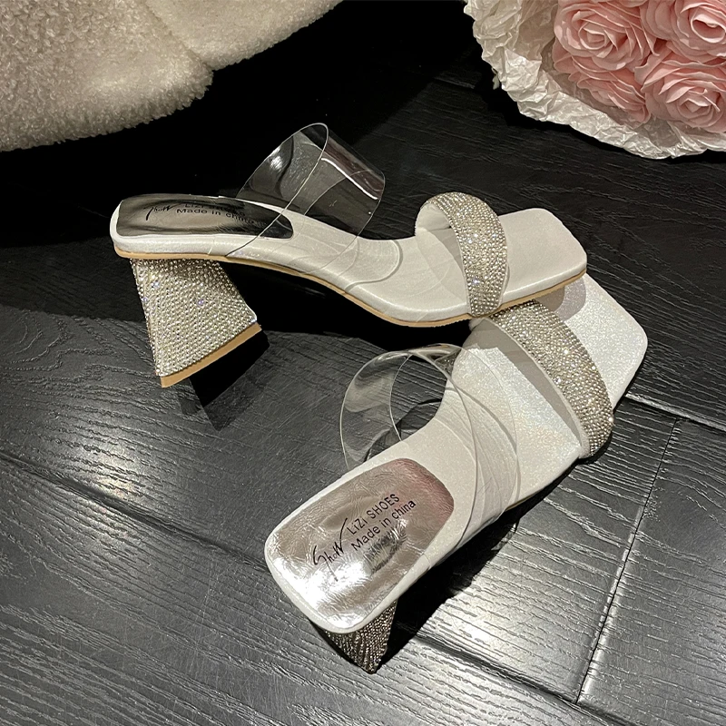 

Шлепанцы 2023 летние прозрачные туфли-лодочки на среднем каблуке со стразами