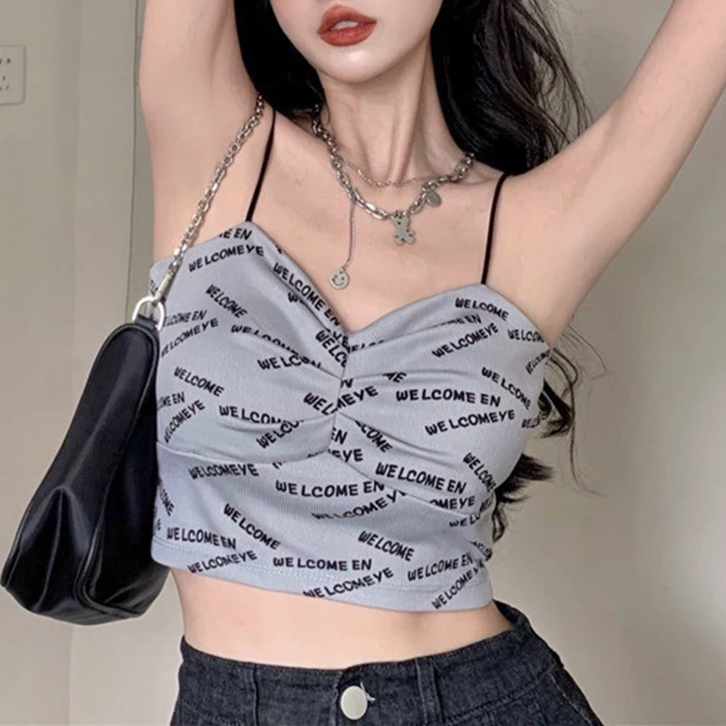

Vintage Letter Print Spaghetti Strap Camisole Korean Fashion Harajuku Crop Top Kawaii Girl Sexy Summer Sleeveless Mini Vest