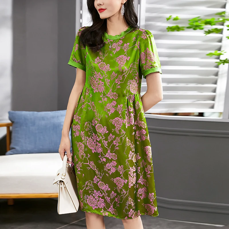 2023 Summer Women's Vintage Dresses Elegant O-neck Short Sleeve Woman Midi Dress 45% Real Silk Female Floral Print Dress Loose