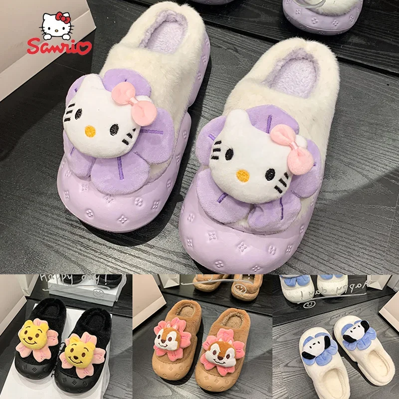 

Hello Kitty Slippers Home Kawaii Sanrios Cinnamoroll Plush Slipper Y2k Shoes Women Winter Cotton Thick Sole Warm Anti-Slip Shoes