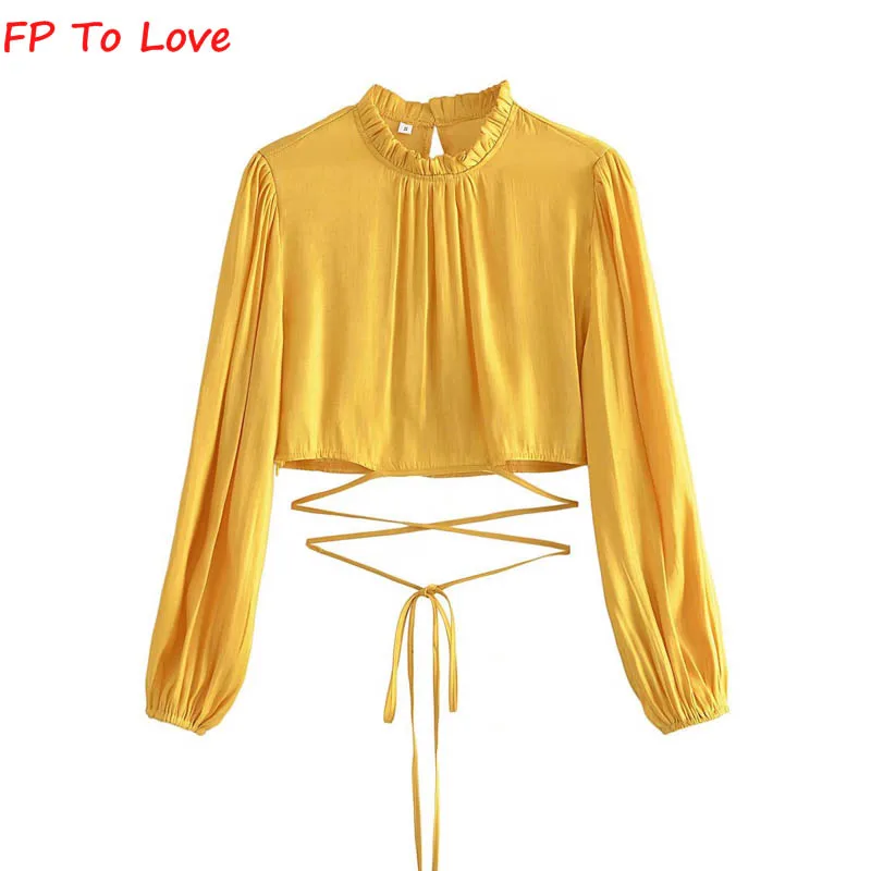 

Yellow Sashes Stand Button Blouse Long Sleeves Girl High Street Stylish Chic 2022 Summer Woman FP To Love