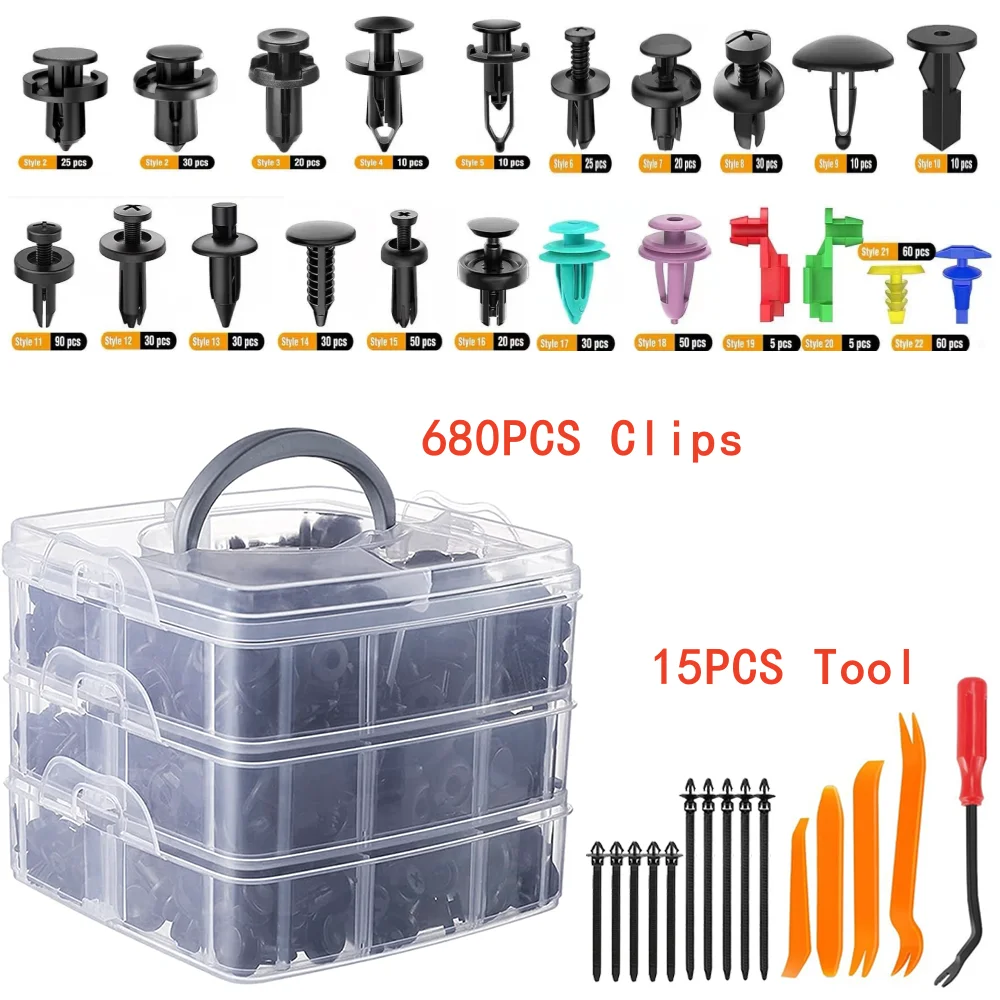 

680 шт. автомобильные пластиковые зажимы для крепления с коробкой, автоматический фиксатор кузова, заклепка, бампер, набор зажимов для обшивки двери, панель крепежа