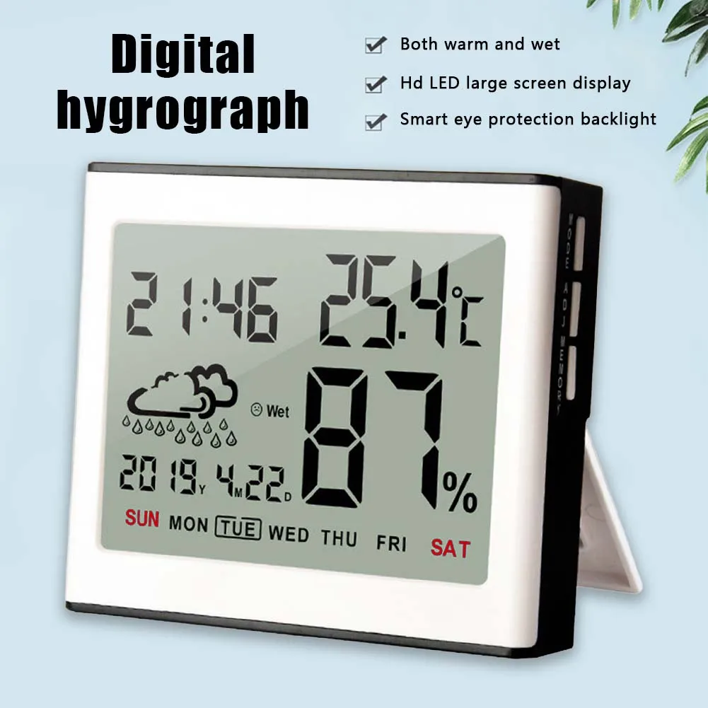 

Battery Operated Indoor Thermometer Hygrometer Weather Station Digital Display 12 24H Modern With Backlight Portable Alarm Clock