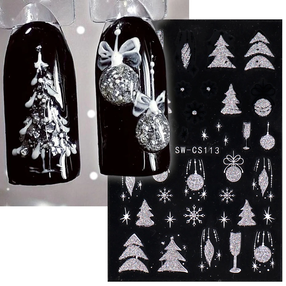 Sparkly Glitter Winter Pine Nail Decal Sticker Reflective Xmas Tree Jingle Bell Pattern Snowflakes Charm Manicure Powder Sliders