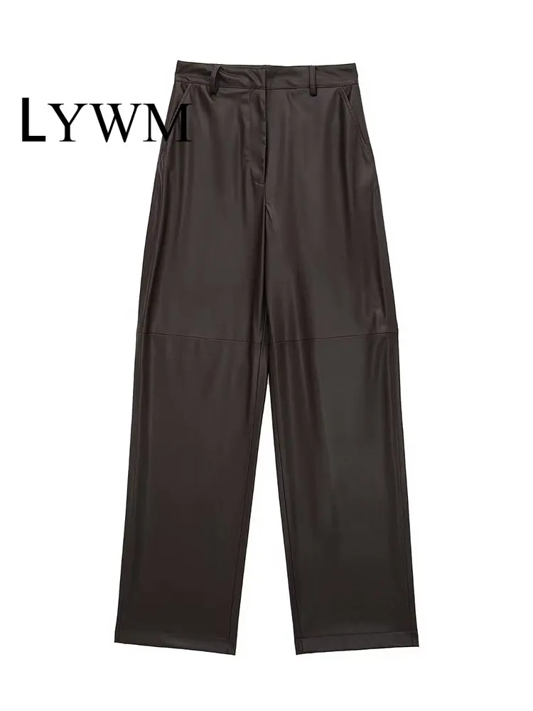 

Женские модные однотонные плиссированные брюки LYWM из искусственной кожи на молнии спереди, винтажные женские шикарные прямые брюки с высок...