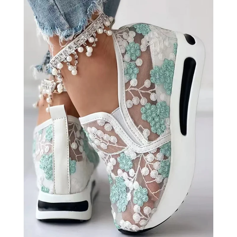 Women's Sneakers Floral Embroidery Mesh Sneakers for Women Slip on Casual Comfy Heeled Shoes Woman