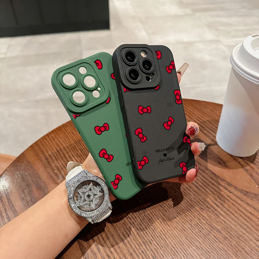 Cute Hello Kitty Bows Pupil Full Screen Phone Case For iPhone 16 15 14 13 12 11 X XR Xs SE2 SE 8 7 Plus Pro Max Mini Silicone