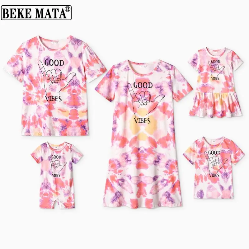 

BEKE MATA Family Matching Clothes Summer 2022 Mother And Daughter Dress Short Sleeve Family Look Father Son Baby Boy T Shirt Set