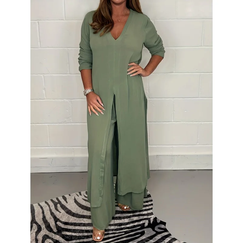 

Повседневный комплект из двух предметов, Удлиненный топ с разрезом и эластичные брюки, женская одежда