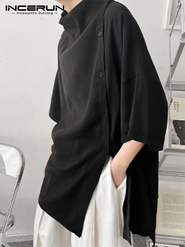 

Up Turtleneck Casual Sleeve Well Solid Color Masculina Handsome 2022 Camisa S-5XL INCERUN Shirts Half Tops Men's Fitting Button