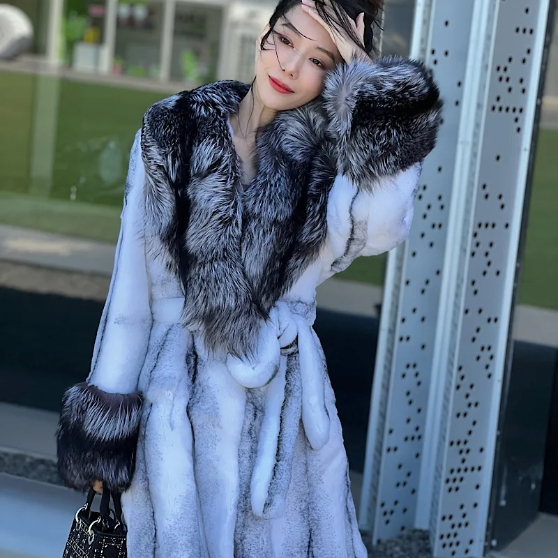 

Luxury Long Female Streetwear Fox Fur Collar Women Natural Rex Rabbit Fur Jacket Thick Warm High QualityWinter Real Fur Coat