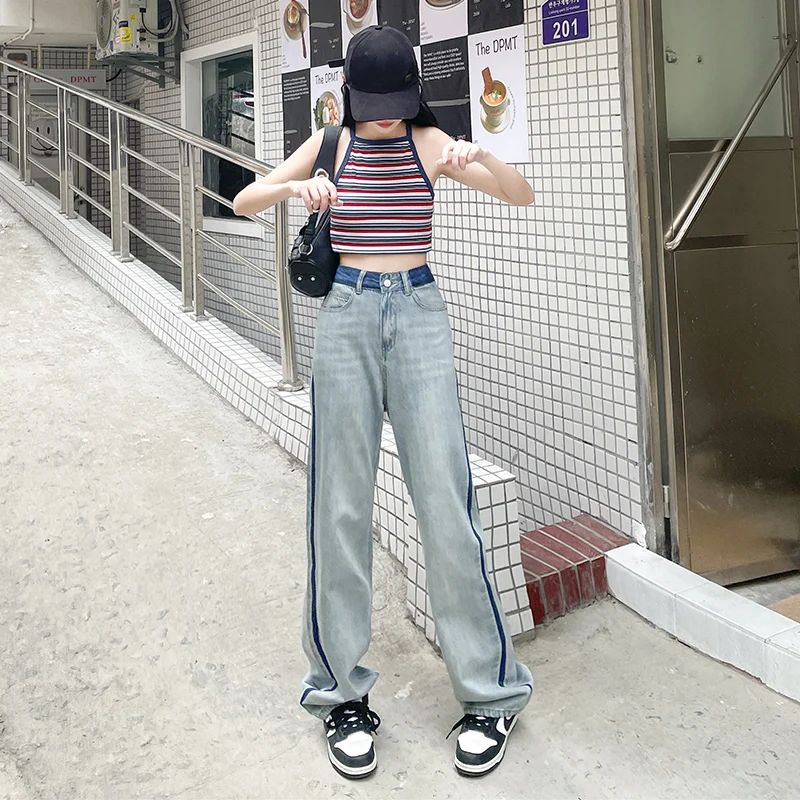 2023 women's denim trousers blue commuting summer new Korean version of high waist contrast color personality design sense loose