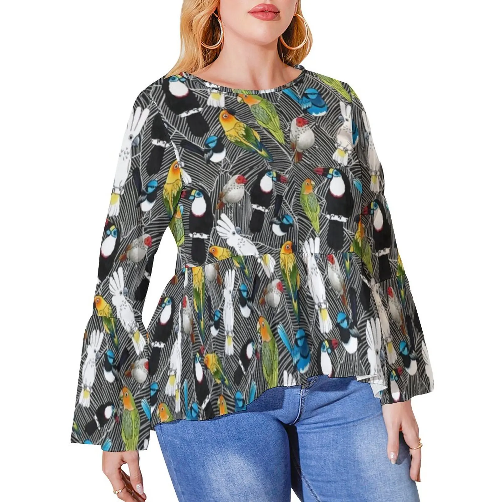 

Colorful Parrot Print T-Shirt Birds Of Paradise Street Fashion Long Sleeve T-Shirts Trendy Tshirt Lady Autumn Tops Plus Size 6XL