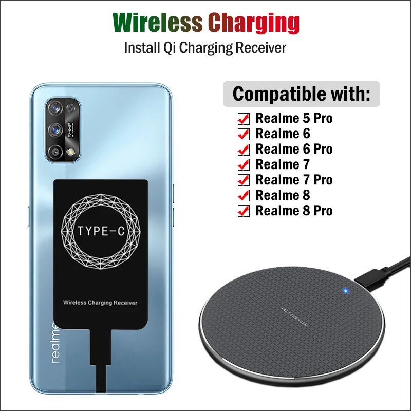 

Qi Wireless Charging Receiver for Realme 6 7 8 9 Pro Plus 9 Pro+ Phone Wireless Charger Pad with USB Type-C Charging Adapter