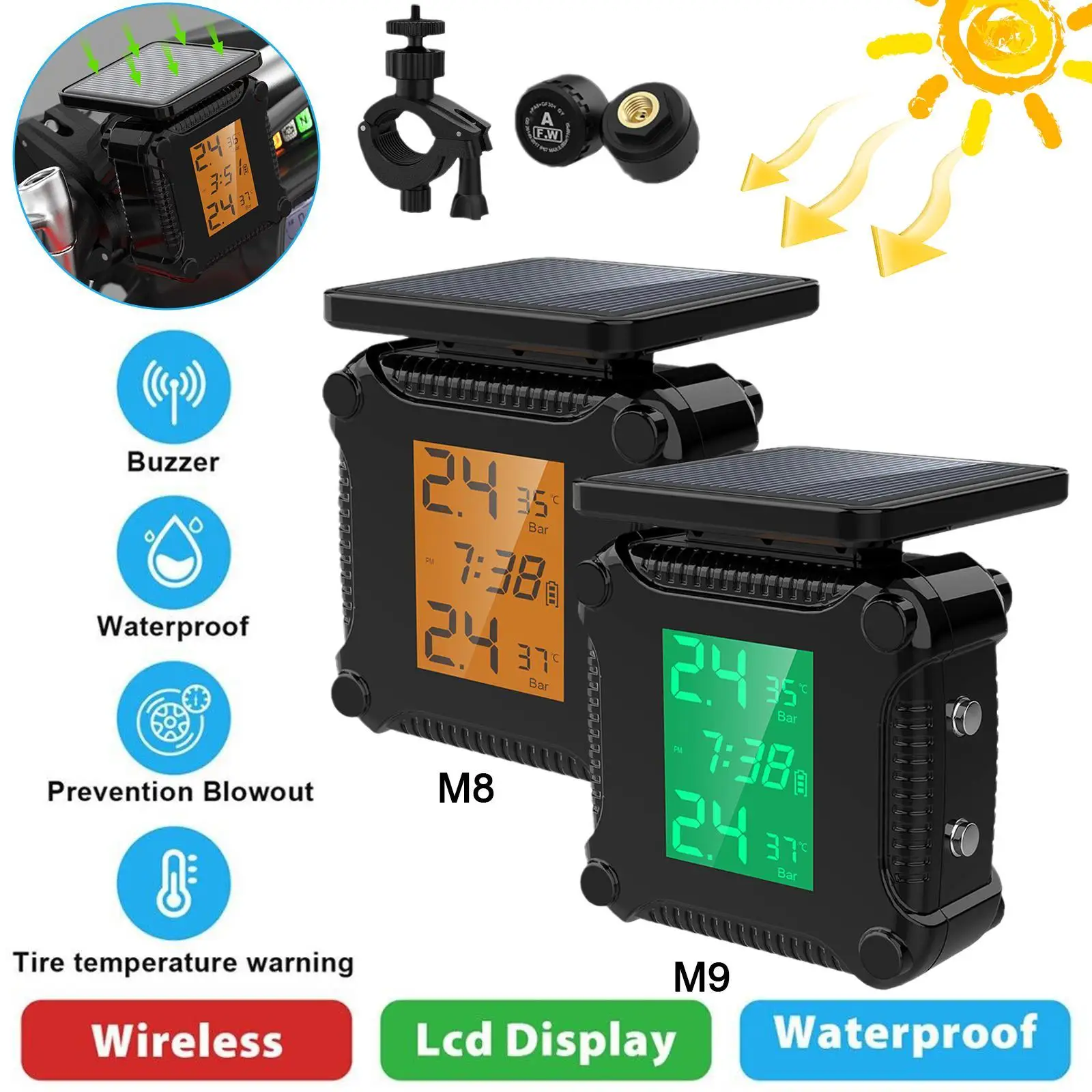 

M8 M9 TPMS Motorcycle Tire Pressure Monitoring Tire Temperature Alarm System LCD Display Solar Charging Waterproof Sensor