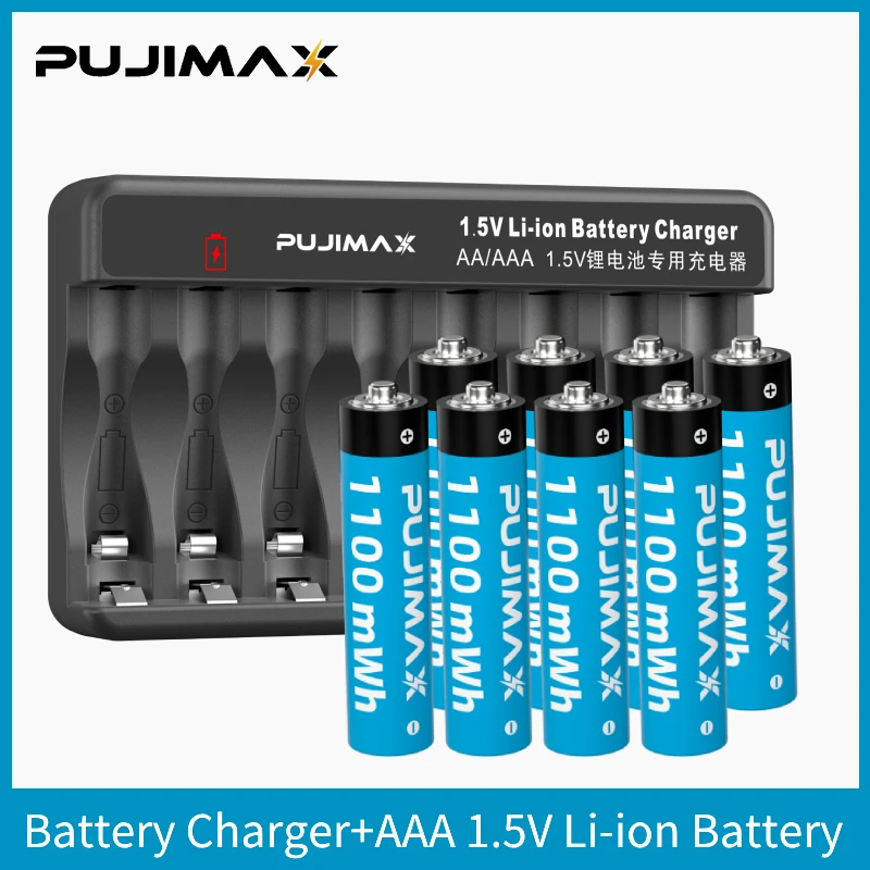 

PUJIMAX 8-Slot High Temperature Resistant Material Battery Charger+AAA 1.5V Rechargeable Li-ion Battery 1100mWh Li-ion Batteries