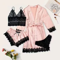 womens 4 pieces satin floral lace cami top lingerie pajama set with robe