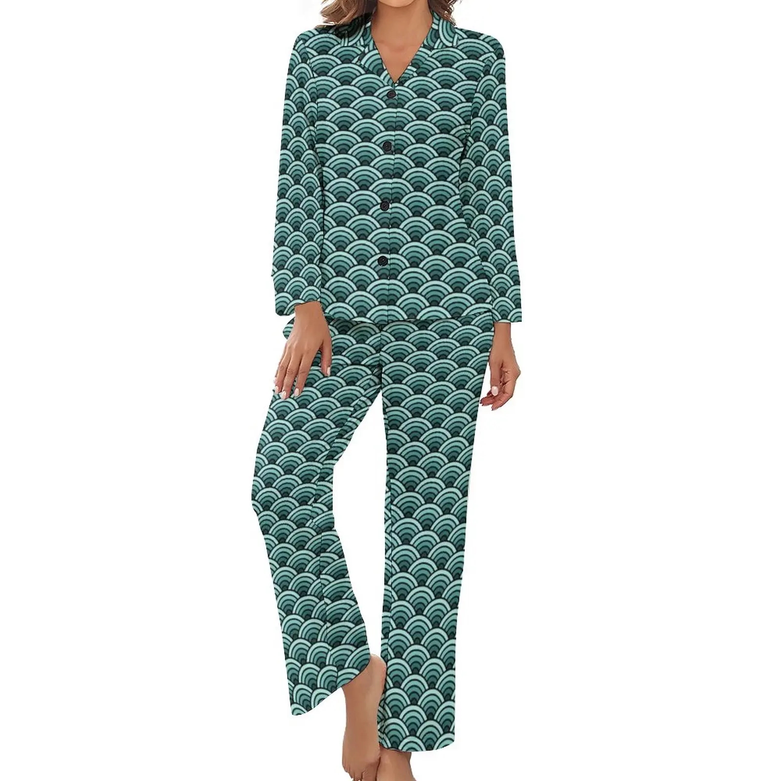 

Green Blue Seigaiha Pajamas Traditional Japan Long Sleeve Elegant Pajamas Set 2 Pieces Sleep Daily Print Nightwear Gift Idea