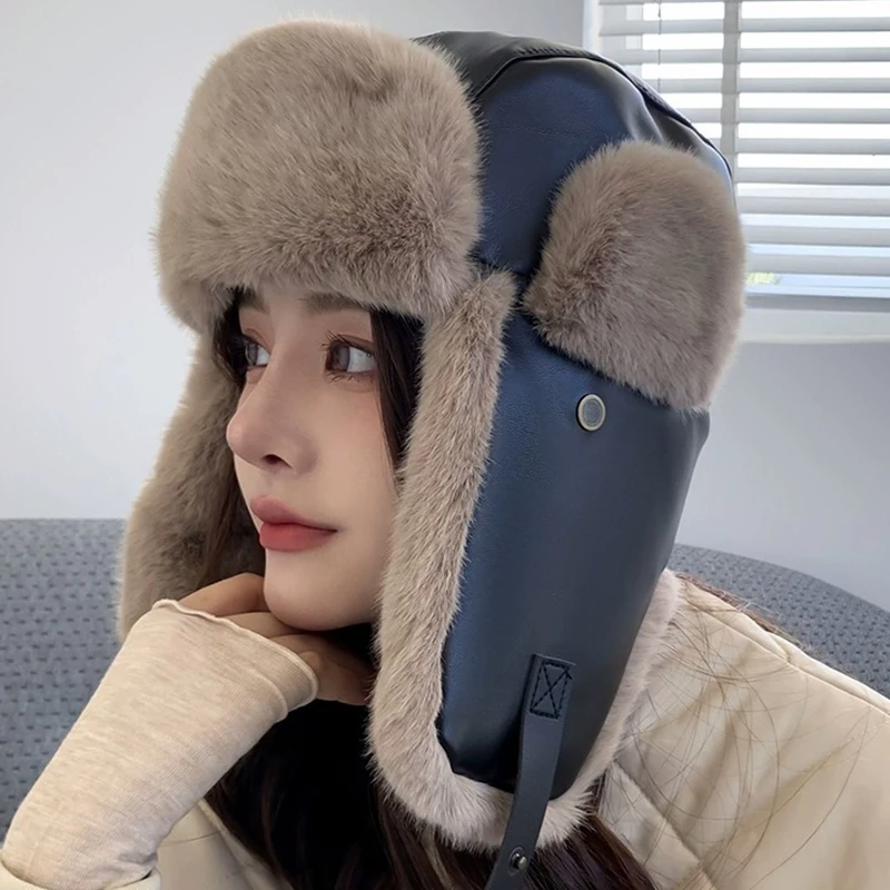 

Women's Winter Leather Trapper Aviator Trooper Earflap Warm Russian Waterproof Ski Hat Bomber Cap Russian Ear Protectors Hats