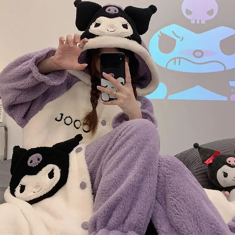 

New Kawaii Sanrio Kuromi Cartoon Lovely Winter Pajama Thickened Coral Velvet Long Pajama Home Suit Couple Pajamas
