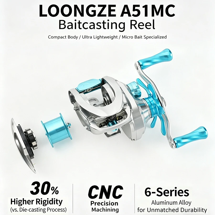 Фото Ультралегкая катушка для бейткастинга LOOGZEE Yunlong A51MC, 128 г, цельнометаллическая, с ЧПУ, с магнитным тормозом, для точной ловли на течении №1