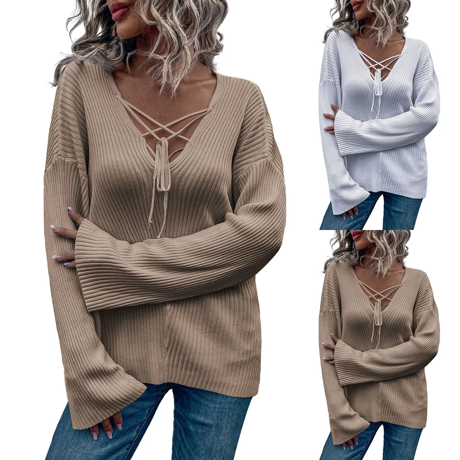 

Женская туника с V-образным вырезом, повседневный Свободный вязаный пуловер с длинным рукавом, свитер, Большая маленькая Толстовка