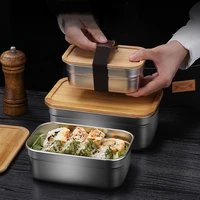 kids stainless steel lunch box with bamboo wooden cover food container picnic bento boxes portable office worker tableware