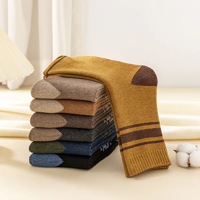 Men's Cotton Socks Winter Warm Socks Striped Fashion Casual Thick Harajuku Retro Terry Man Long Socks 5 Pair